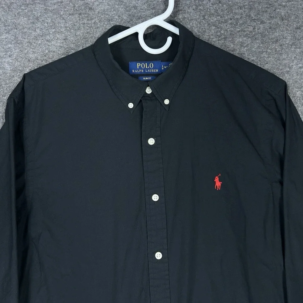 Polo Ralph Lauren Shirt Mens L Black Solid Slim fit Stretch Poplin Preppy